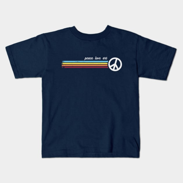 Retro Stripes Peace Love Art Kids T-Shirt by Jitterfly